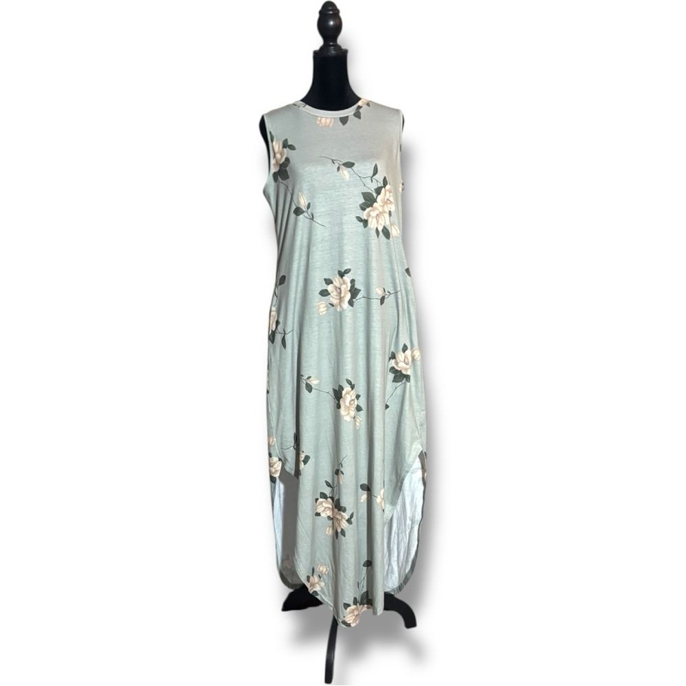 Anrabess Mint Green Floral Sleevelss Crewneck Asymmetrical Floral Maxi Dress - Picture 2 of 16